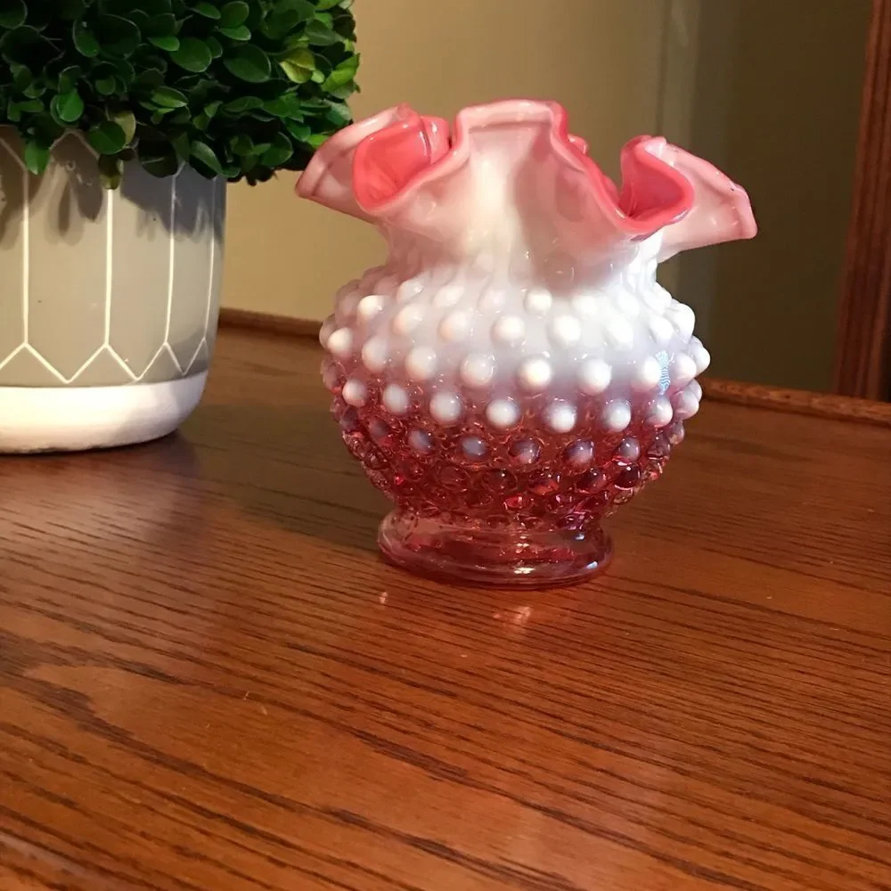 Vintage cranberry Fenton hobnail vase